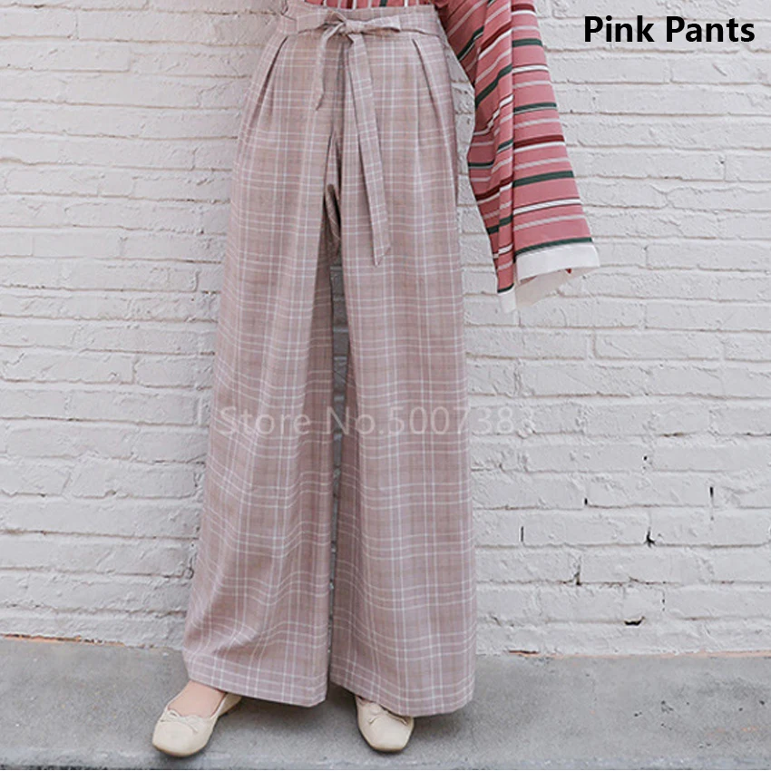 Японский стиль традиционная одежда кимоно косплей для женщин Kawaii Девушка уличная мода Haori полосатый топ клетчатые брюки костюм - Цвет: Pants1