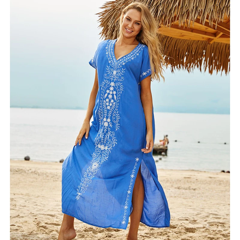New Cotton Beach Dress Saida de Praia Robe de Plage Embroidery Beach Cover Up Sarong