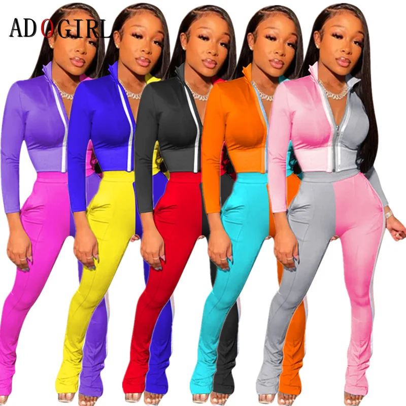 

Adogirl Neon Color Patchwork Tracksuit Women Two Piece Outfits Short Jacket + Pants Set Casual Jogging Femme Fashion Sportswear