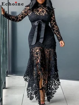 

Sexy Dress Lace Up Bow Women Hollow Out Perspective Party Evening Fishtail Patchwork Slim Maxi Irregular Hem Plus Size Vestidos