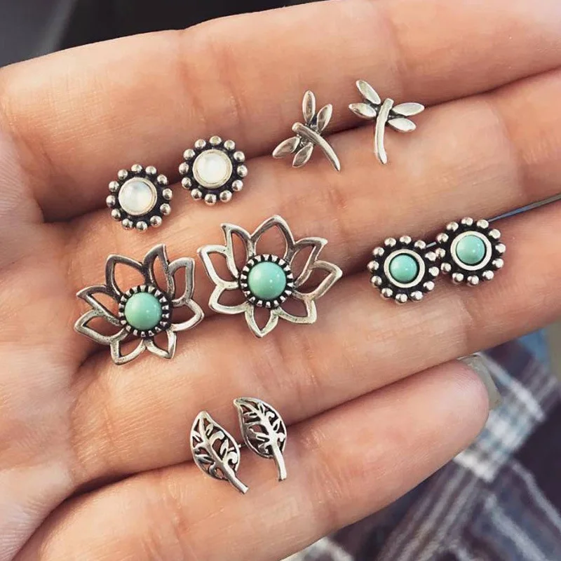 New Retro Cool Ear Stud with Vintage Lotus Dragonfly Leaves Sun Crystal Earrings 5 Pairs Set for Women Wholesale | Украшения и