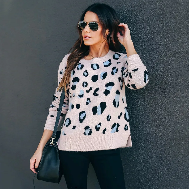 NCLAGEN Fashion Leopard Women Long Sleeve Sweater Casual Streetwear Spring Fall Pullover Top Hem Split Matching Sweaters Outfit | Женская