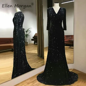 

Black Sequined Mermaid Long Sleeves Prom Dresses For African Black Girls 2020 Vestido De Festa V Neck Sparkling Party Gowns