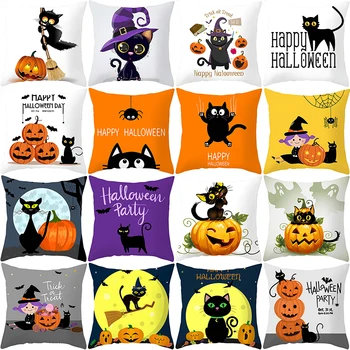 

45x45cm Happy Halloween Pillow Case Halloween Party Decoration Props Funny Cute Pumpkin Cat Cushion Cover Home Office Decorative