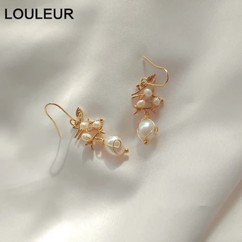 

LouLeur Elegant Natural Pearl Leaves Drop Earrings Vintage Handmade Wedding Gold Earrings for Women Fashion Engagement Jewelry