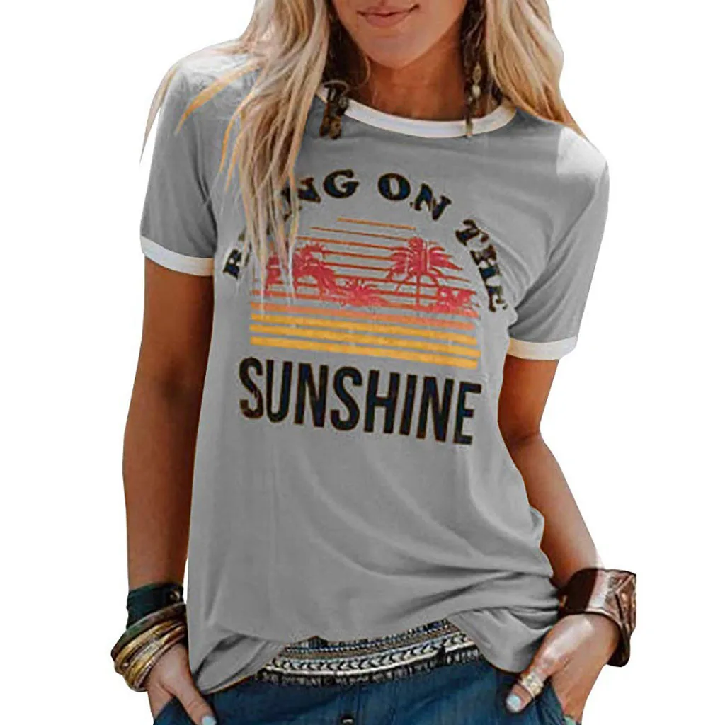 8 цветов Для женщин футболка летние шорты рукав футболки принести на солнце с буквенным принтом Футболки Femme хлопок Harajuku плюс размер - Цвет: Серый