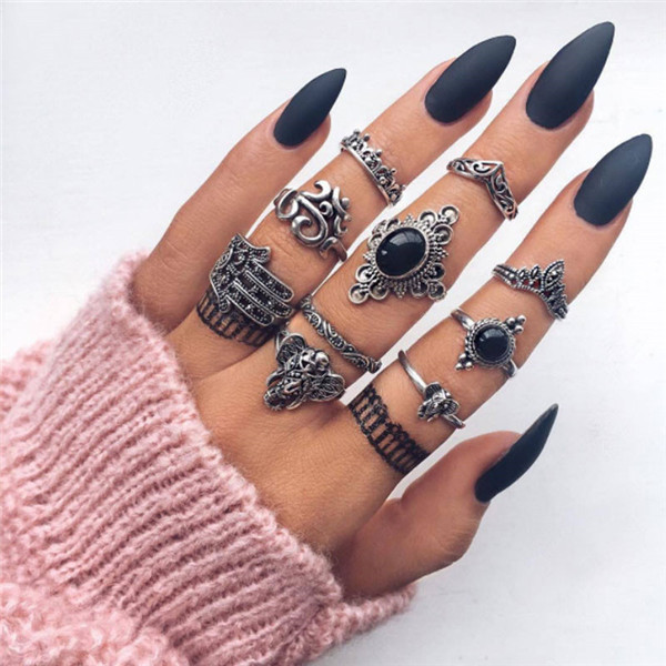 Bohemian Gold Vintage Rings Snake Heart Crystal Ring Set Women Charm Joint Ring Party Wedding Fashion Jewelry Gifts