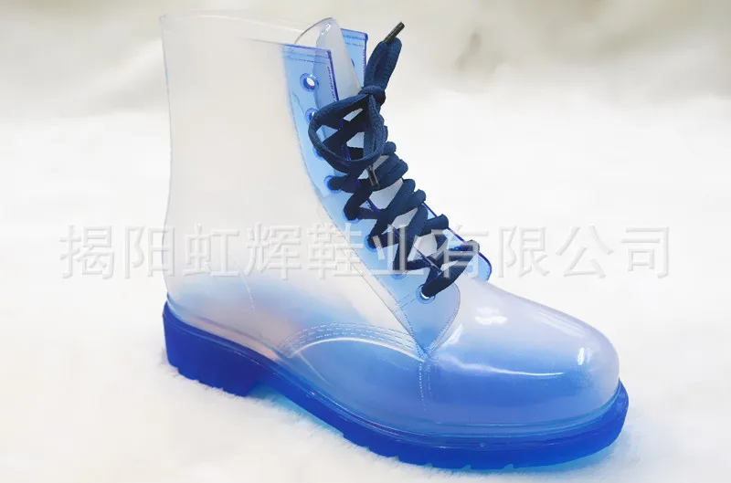 Aleafalling Women Rain Boots Mature Lady Lace Up Waterproof Lady Shoes Transparent Candy Color Ankle Outdoor Girl's Shoes - Цвет: blue
