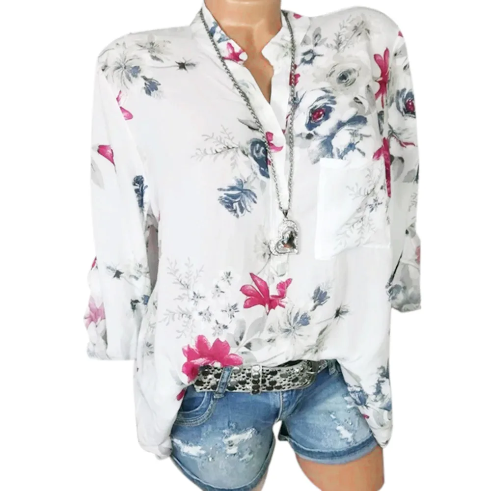 Women Blouse 2019 Plus Size Chiffon Shirt Floral Print Long Sleeve Blouse Pullover Tops Shirt womens tops blouses Summer