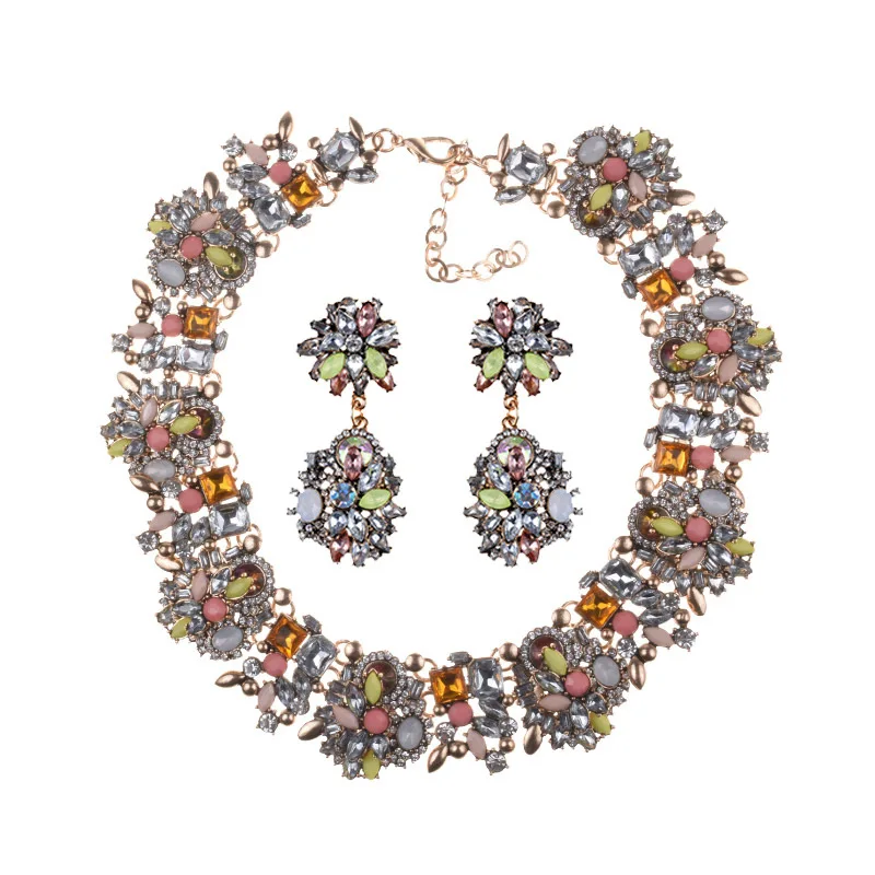Luxury Crystal Rhinestone Necklace Earrings Jewelry Sets Women Large Collar Statement Choker Necklace Female Big Bib Necklaces - Окраска металла: Clear Champa Green