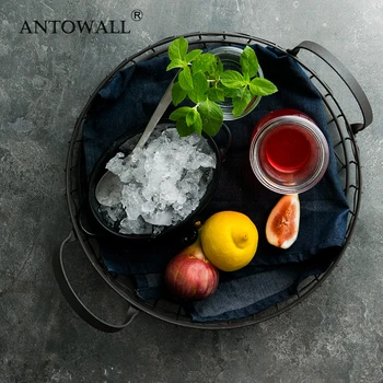

ANTOWALL European Iron Art Hand Basket Bread Kitchen Decoration Home Furnishing Tray With Handle Basket