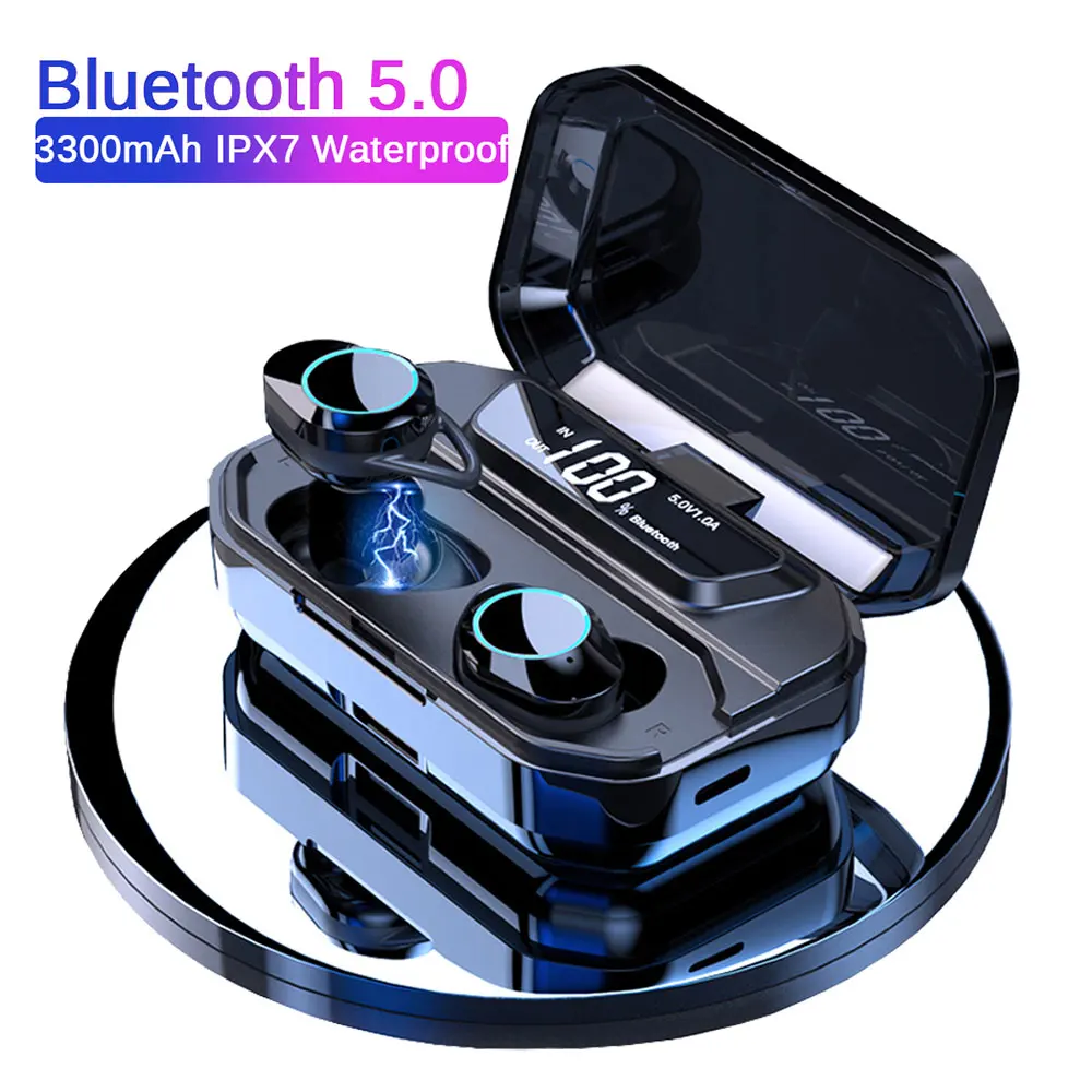 G02 TWS Bluetooth V5.0 Earphone 9D Stereo IPX6 Waterproof Touch Earbuds 3350mAh LED Smart Display Power Bank Type-C Charge Case
