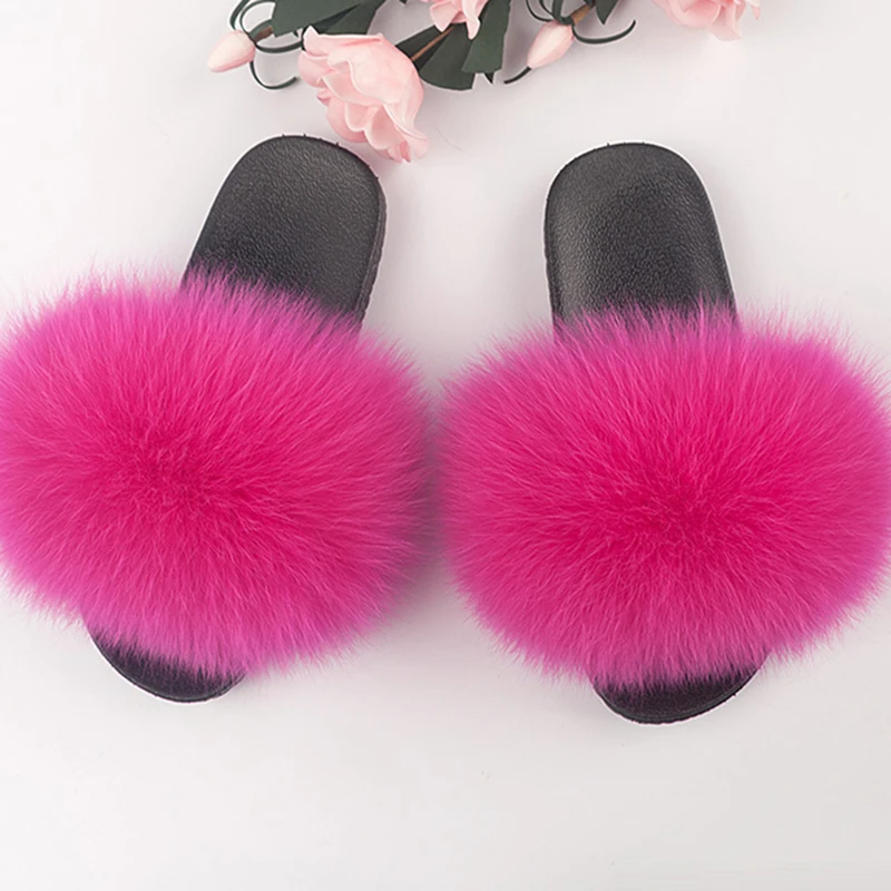 Женские пушистые тапочки с натуральным лисьим мехом; женские домашние Плюшевые сандалии; милые плюшевые тапочки; Повседневная пляжная обувь флип-флоп; домашняя обувь на плоской подошве - Цвет: rose Red