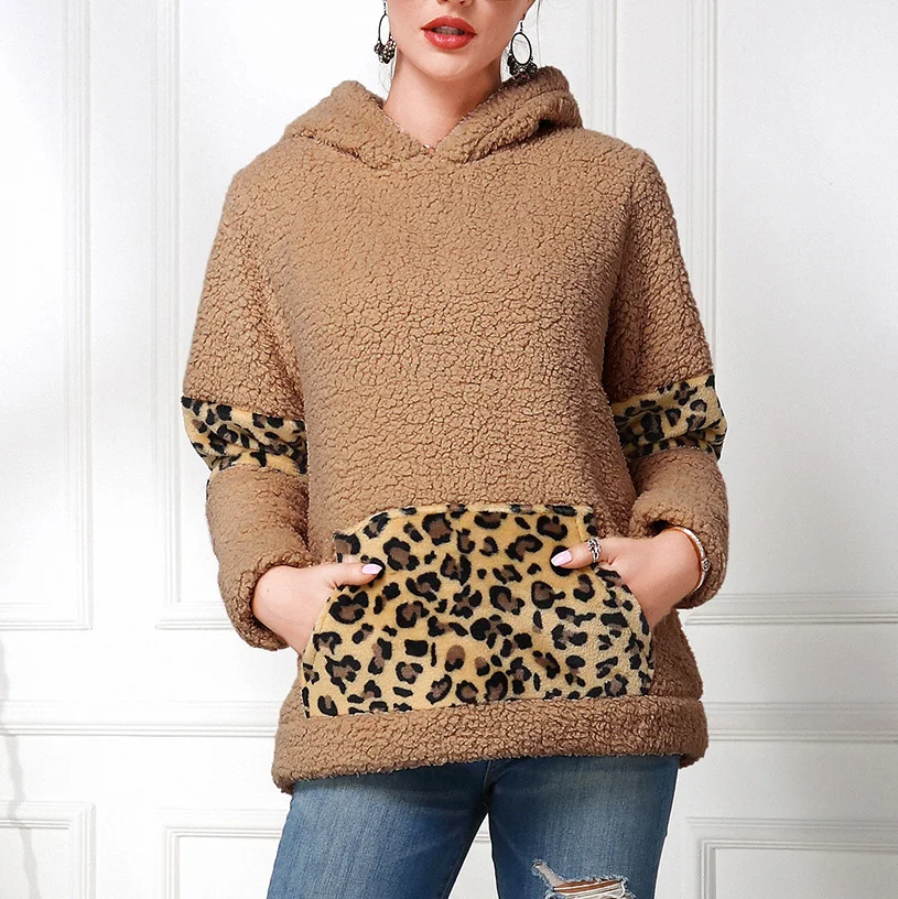 Women Winter Long Sleeve Leopard Pocket Patchwork Thick Plush Hooded Sweatshirt