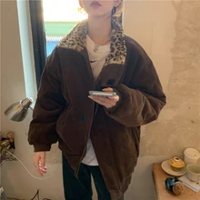 Alien Kitty 2021 New Winter Leopard Patchwork Women Coat Corduroy Warm Loose Casual Jacket Female Outwear Elegant Tops