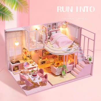 

Doll House DIY Wooden Miniature Dollhouse Pink Assemble Princess Dollhouse Furniture Kit Model Toys Birthday Gifts M028