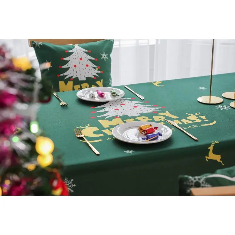 Printed Cotton Table Cloth Christmas Tablecloth Nappe Party Wedding Green Tablecloth For Christmas Decoration Mantel Home Decor