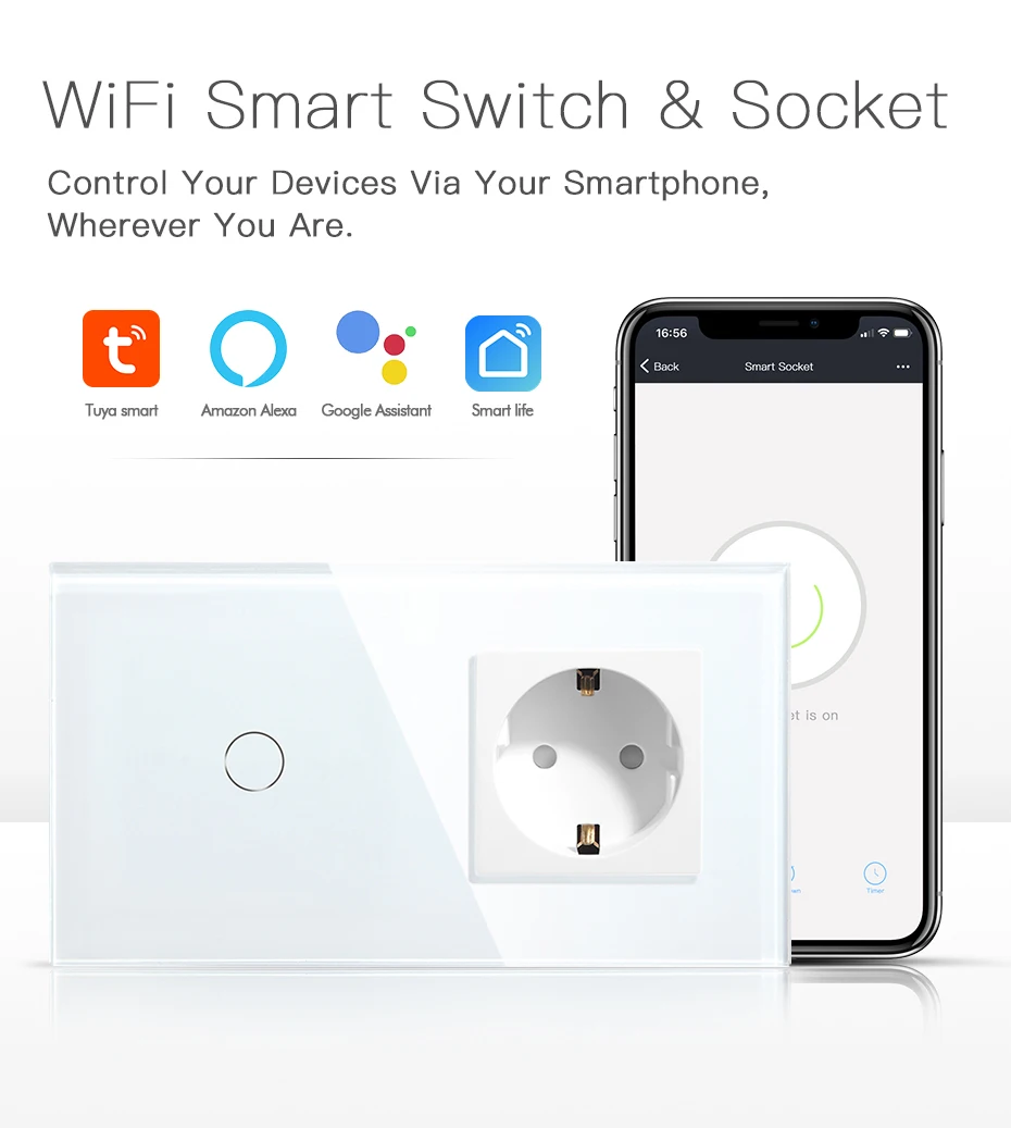 lighted single pole switch BSEED 1/2/3Gang 1/2/3Way WIFI Touch Light Switch Smart Wall Switch Smart Life APP Glass Panel with EU Socket Without Wifi White outdoor light switch timer