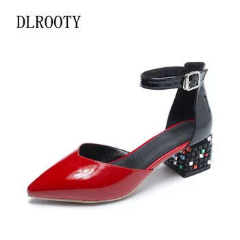 

Woman Sandals Shoes Summer Style Pumps High Heels Thick Pointed Toe Buckle Strap Fashion Crystal Solid Gladiator