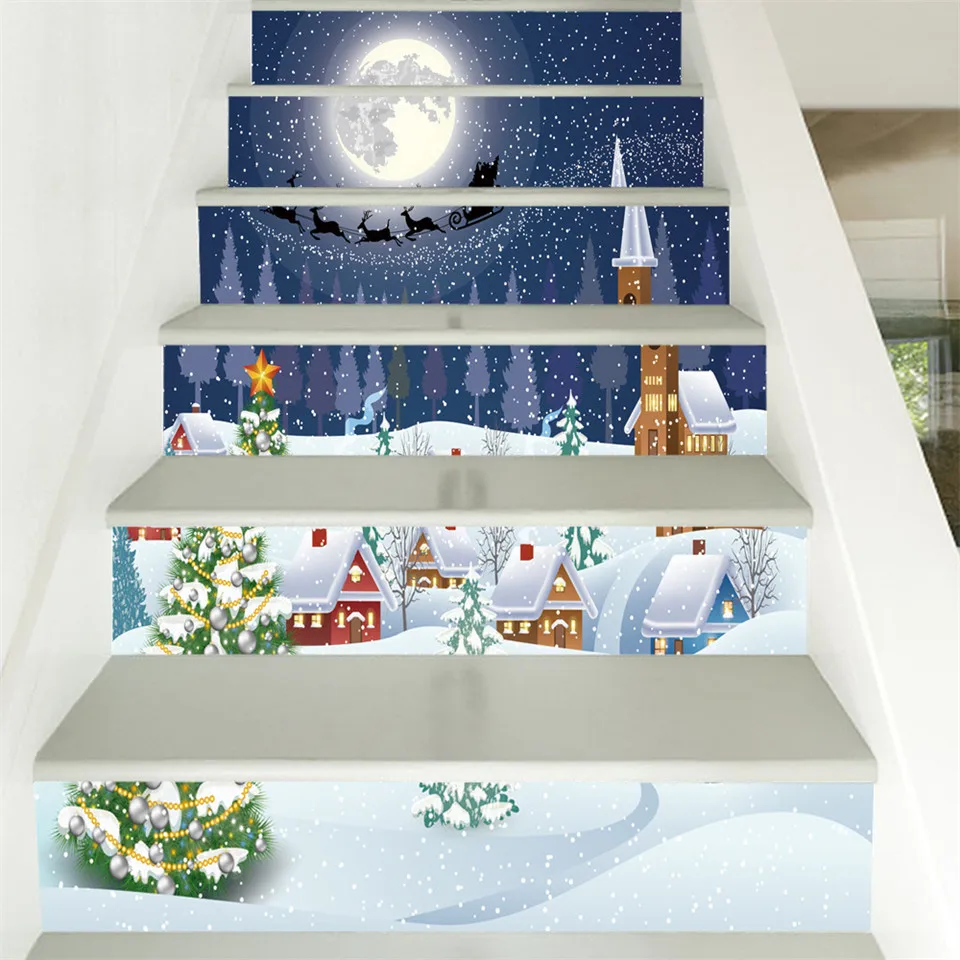 3D Visual Staircase Sticker Christmas Snowman Santa Wallpaper Self Adhesive DIY Wall Mural Removable Stairs Decal for Xmas Decor