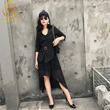 SMTHMA, модные рабочие костюмы с платьем, комплект из 2 предметов для женщин, однобортный Блейзер, пиджак+ асимметричное Сетчатое платье, деловой женский костюм