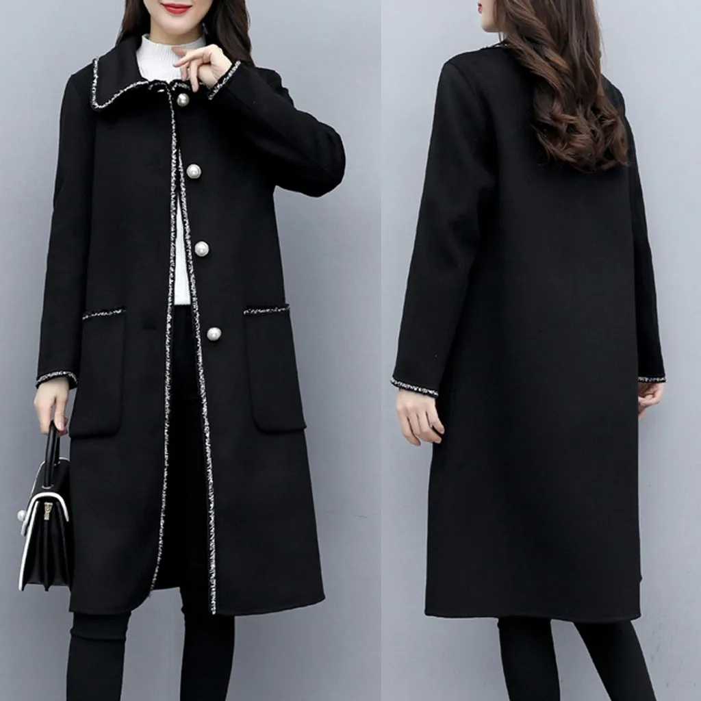 Abrigos mujer invierno, зимнее пальто для женщин, для работы, одноцветное, винтажное, зимнее, для офиса, с длинным рукавом, на пуговицах, шерстяное пальто, манто