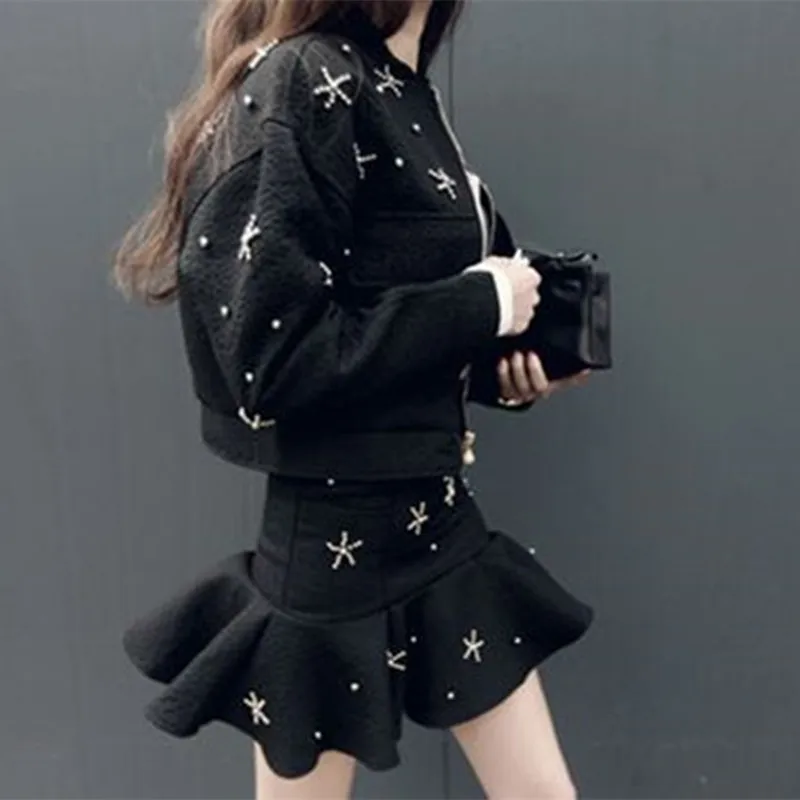 

Women 2019 Autumn Winter Elegant 2-Piece Suits Korean Large Size Slim Beaded Jacket + Mermaid Bodycon Wast Mini Skirt OL Set