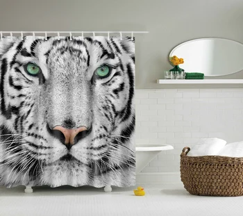 

Waterproof Thicken Polyester 3D Shower Curtain White Tiger Mildew Proof Bath Tub Curtain with 12 pcs Hooks