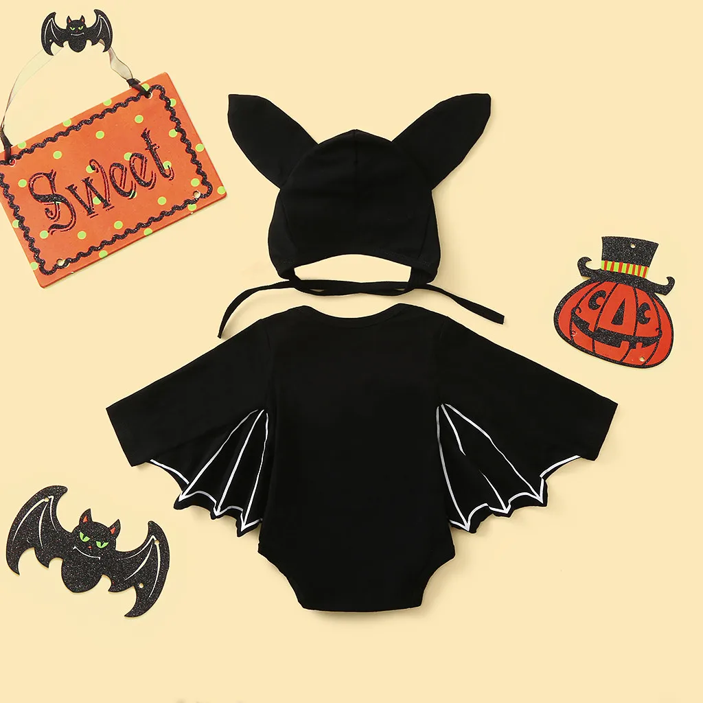 Newborn Baby Boys Girls Clothes Halloween Cosplay Costume Romper+Hat Long Sleeves Black Cartoon Skull Jumpsuit 3-18M
