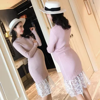 

NEW Autumn Winter Maternity Clothes High Elastic Show Thin O-neck Lace Render Knitted Dress Pregnant Women Large Size Cloth