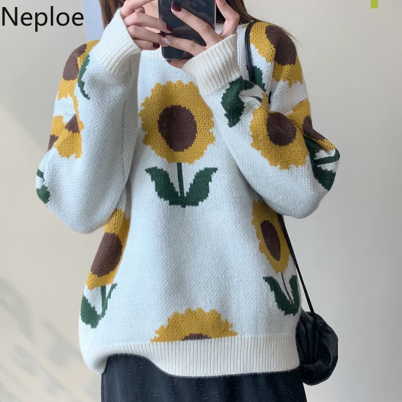 Neploe Pull Femme осень зима Подсолнух вязаный Свободный пуловер женский длинный рукав джемпер Повседневный свитер пальто 56287