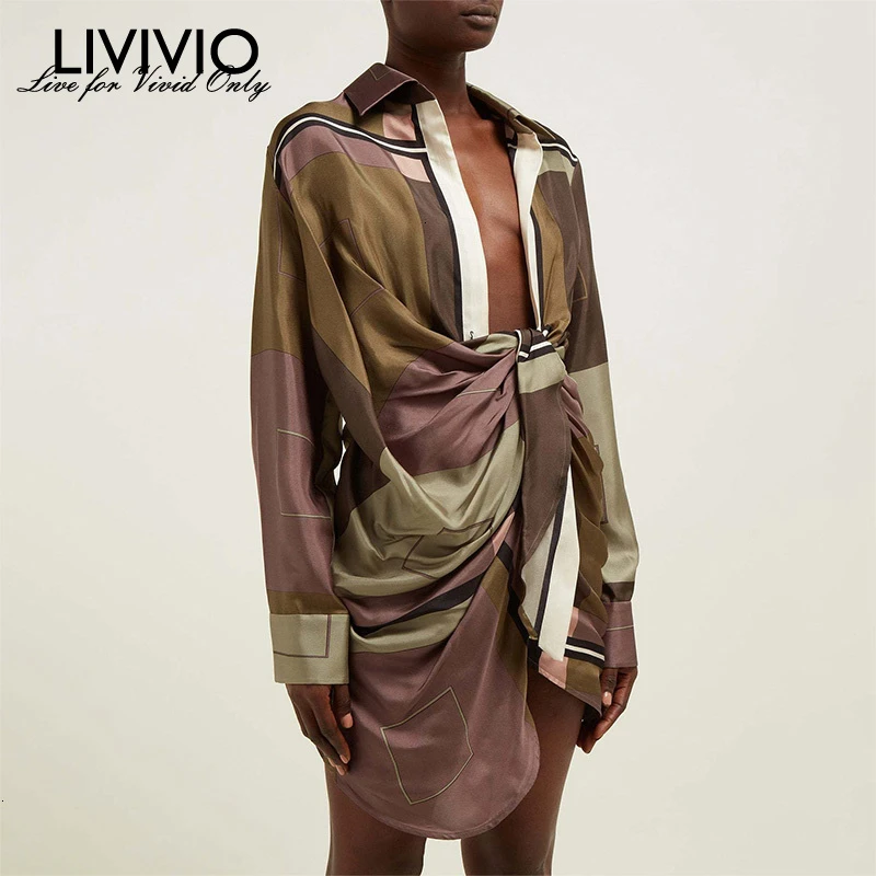 [LIVIVIO] принт Геометрическая рубашка мини-платье для женщин с отложным воротником женские асимметричные платья женские осенние модные новые