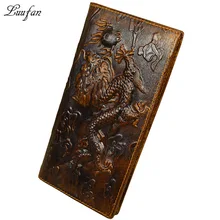 Мужской винтажный кошелек из натуральной кожи с драконом, коричневый, Воловья кожа, длинный, двойной, на цепочке, кошелек с карманом для телефона, модный, длинный кошелек
