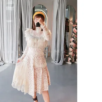 

WOMENGAGA 2019 Early Autumn Sweet Heavy Lace Patchwork Court Style Shirt Irregular Printing Flower Skirt Two Pieces Sets ZX383