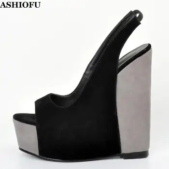 

ASHIOFU Handmade Women's Wadge Heel Sandals Patchwork Kid-suede Party Prom Dress Shoes Slingback Sexy Evening Club Fashion Shoes