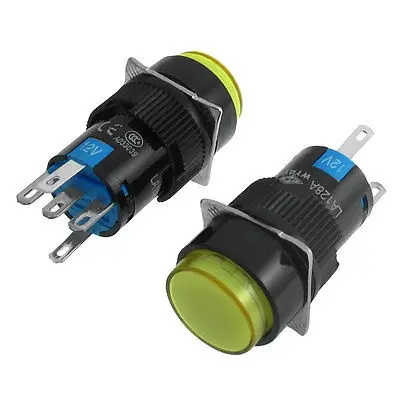 

2 x DC 12V Yellow Neon Light 5P Latching 1NO 1NC Round 16mm Push Button Switch