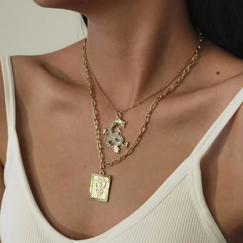 2 Pcs/Set Fashion Crystal Gold Dragon Butterfly Pendant Necklace for Women Clavicle Chain Set Party Jewelry Gifts | Украшения и