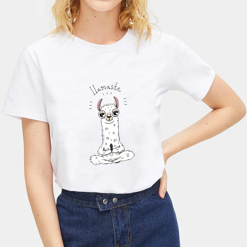 

Lychee Girls Streetwear Llama Print Women T-shirts Crew Neck Summer Women T Shirt Loose Color Block Lady T Shirts Top Tees
