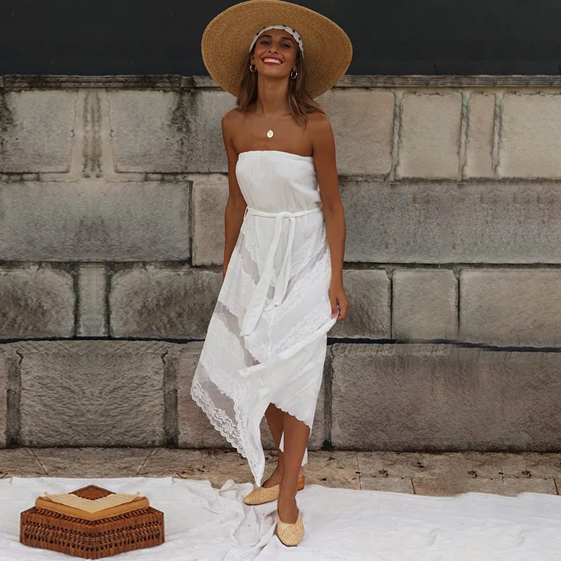 

Femme Robes Boho Chic White Dress Irregular Long Party Dress Strapless Sweet Mujer Vestidos Summer Wrap Midi Dress Beach Dresses