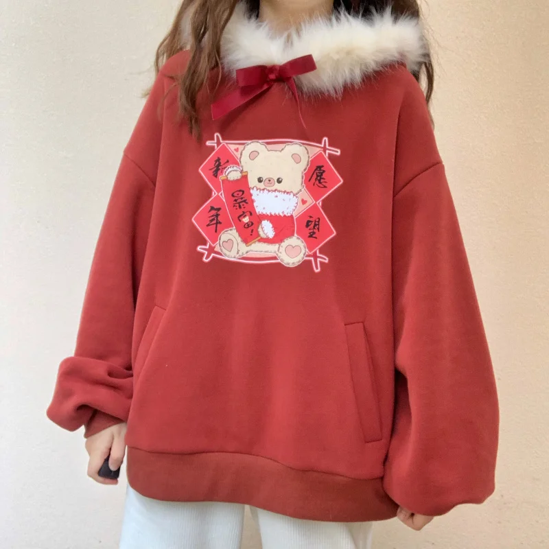Лолита Kawaii женская меховая толстовка с капюшоном зимняя новогодняя одежда