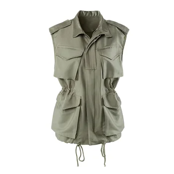 

Big Pocket Drawstring Waist Waistcoat Top Female Three Colors