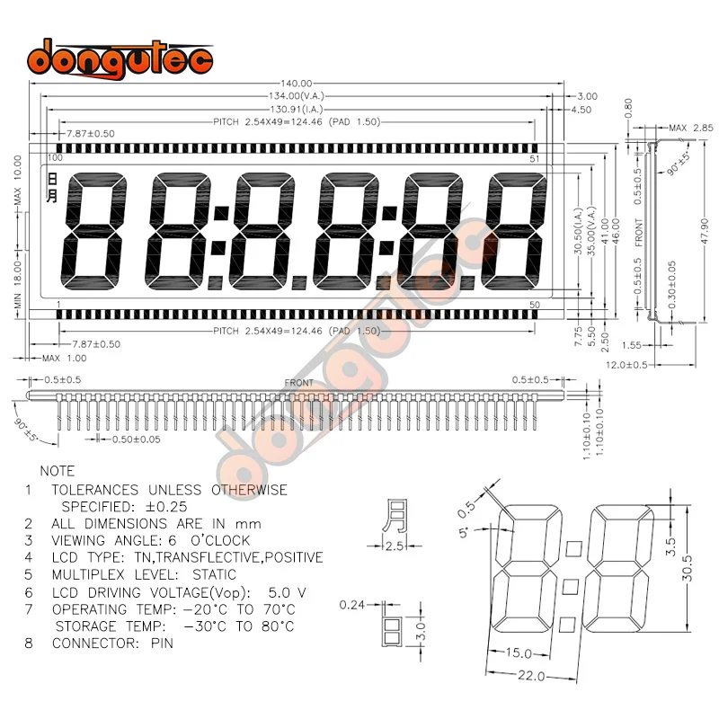 100PIN TN Positive 6-Digits Segment LCD Panel 5V White/Yellow Green/Blue Backlight Digital Display Code Time LCD Screen