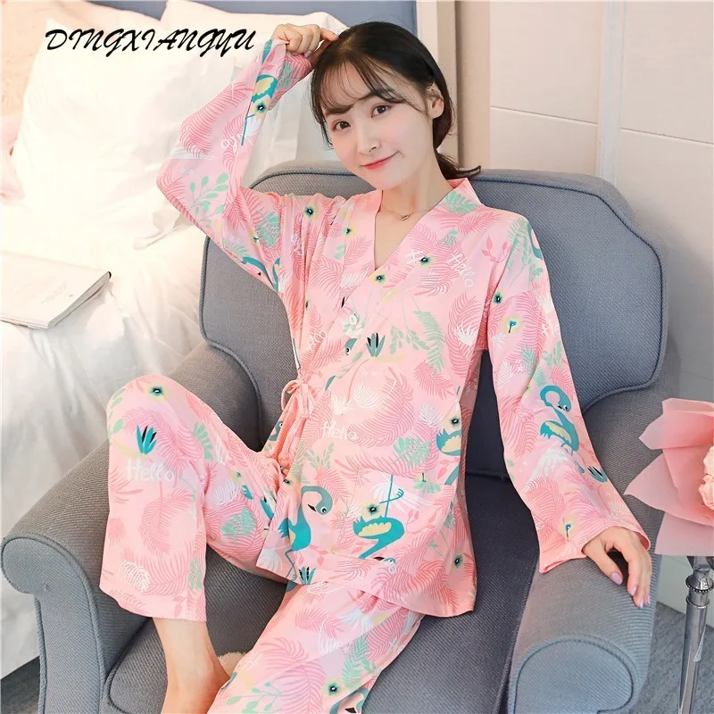 

Autumn women's pajamas Japanese style front buckle tie kimono flower flamingo sweet pajamas women's home wear (free eye mask)