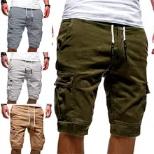 

80% Dropshipping!!Cargo Shorts Solid Color Multi Pockets Men Loose Drawstring Shorts for Jogging