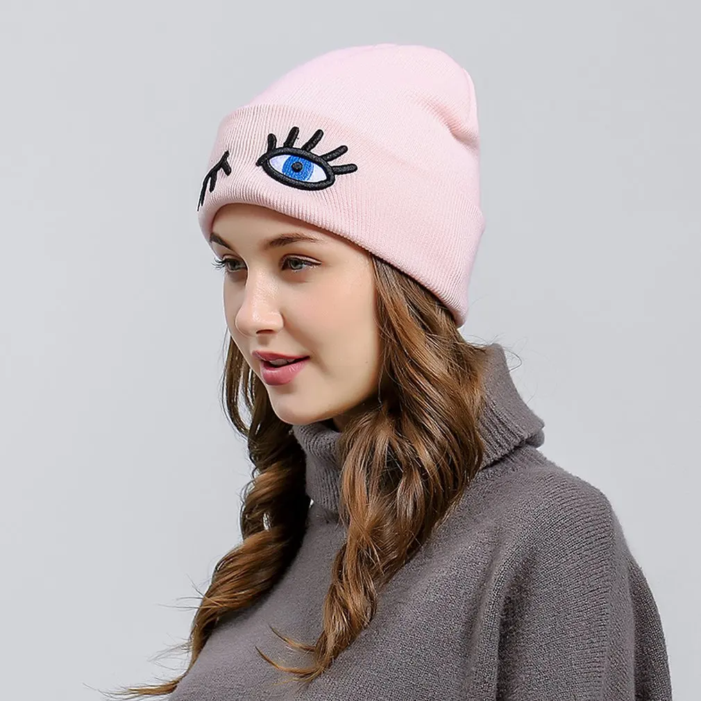 Модная осенне-зимняя женская шапка Skullies Beanies в стиле хип-хоп с забавными глазами, теплая Женская шапка с помпоном, мягкие женские вязаные шапки