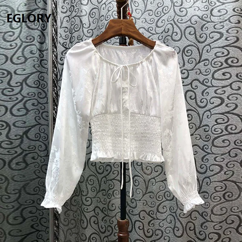 

Crop Tops 2020 Autumn Fashion Sexy Blouses Women O-Neck Vintage Jacquard Floral Print Long Sleeve Casual Basic Tops Grey Black