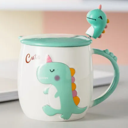 350ML Cute Cartoon Dinosaur Ceramic Mug With Lid Spoon Milk Breakfast Mug Ladies Office Mug Childrens Breakfast Mug