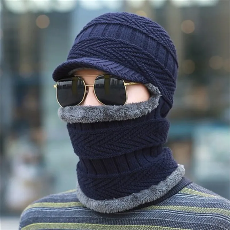 Men Winter Knitted Cap Scarf Set Skullies Autumn Winter Warm Soft Comfortable Man Beanies Thicken Windproof Mens Outdoor