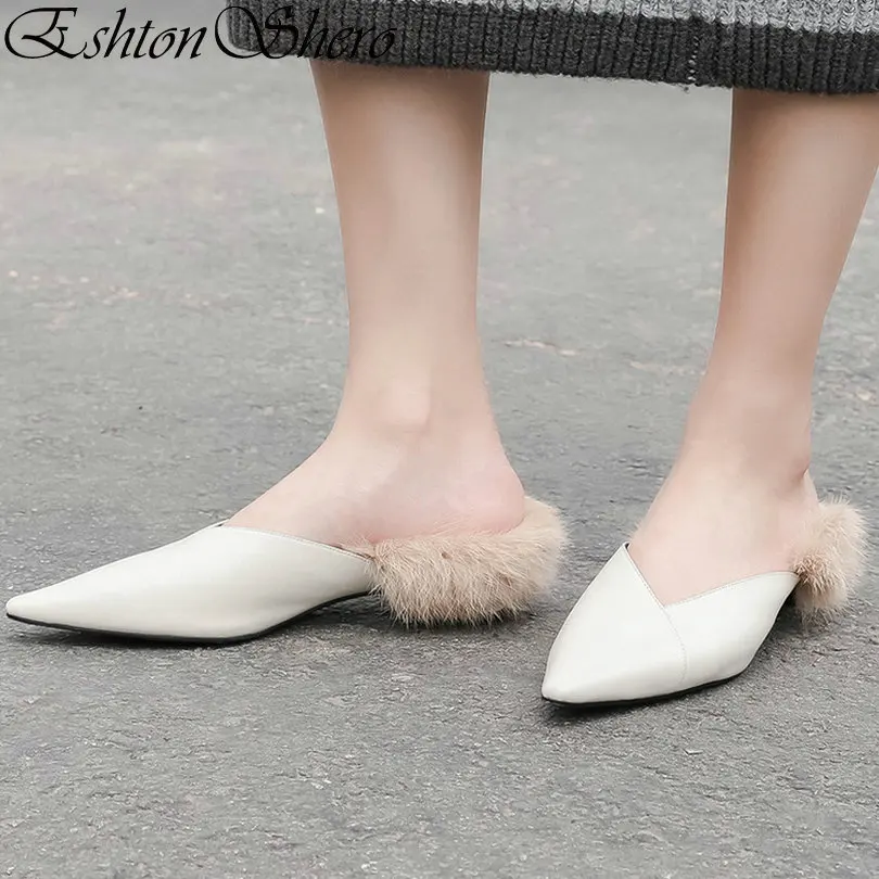 

EshtonShero Woman Warm Low Heels Leather+PU Slip On Pointed Toe Slingback Fur-lined Brown Ladies Wedding Shoes Size 3-9