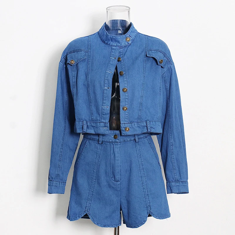 ECRURANI Casual Patchwork Two Piece Set For Women Stand Collar Long Sleeve Tops Loose Shorts Denim Sets Females 2021 New Stylish